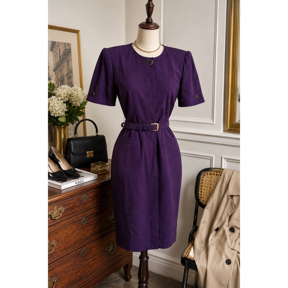 Vintage Purple Business Dress Women's Short Sleeve Belted Midi Dress petite S